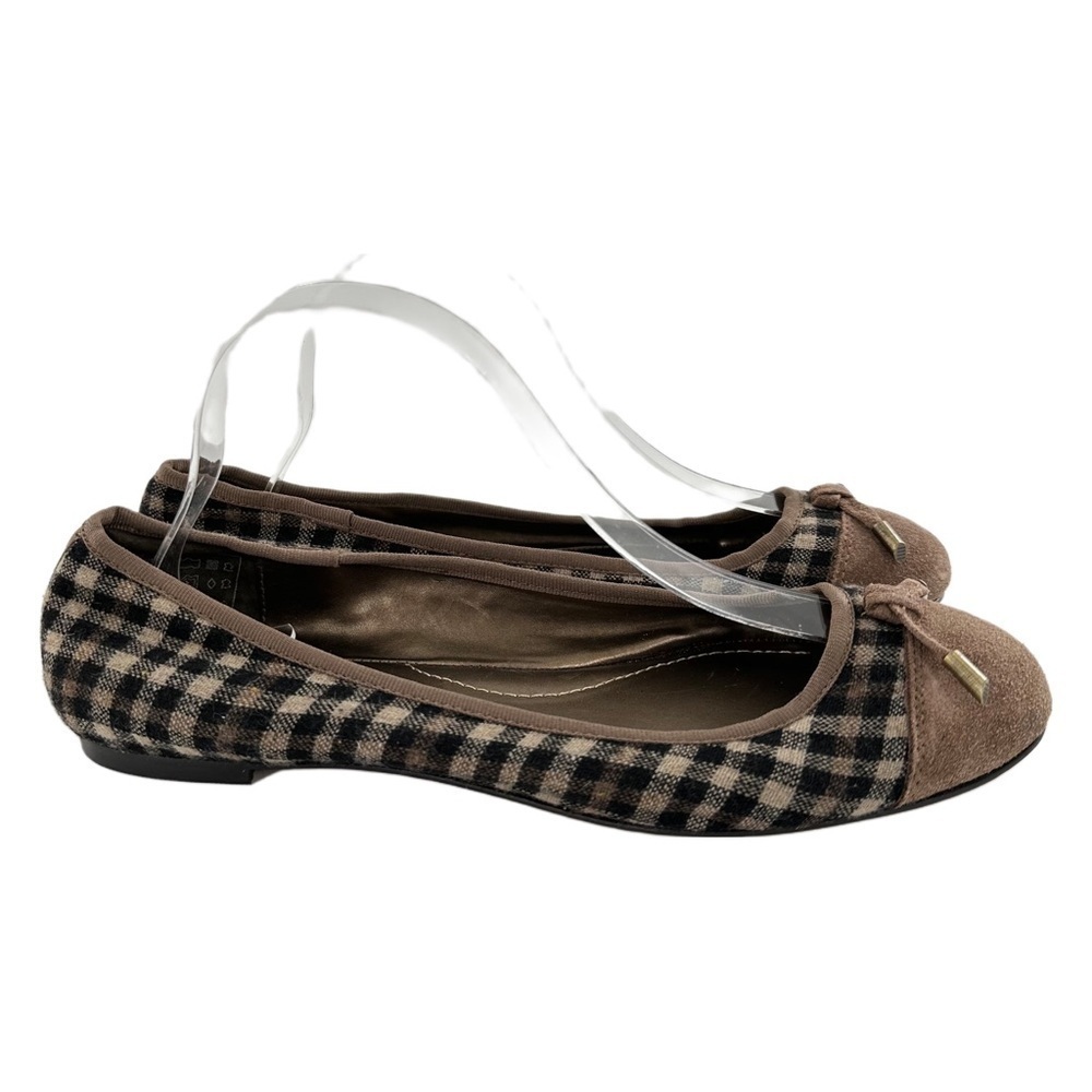 Lands end womens flats size 9.5 41 brown suede checkered bow ballet preppy